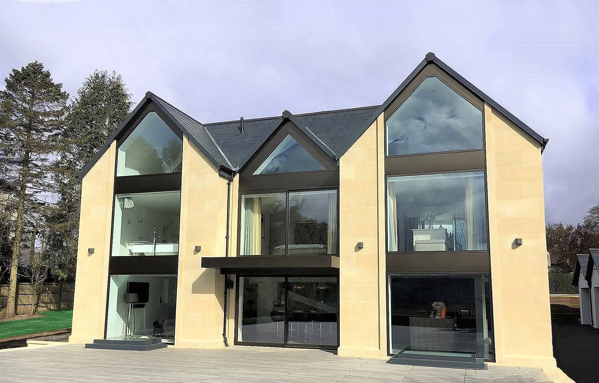 floor to ceiling feature windows installed in large 'grand design' style new build property near Ilkley in West Yorkshire